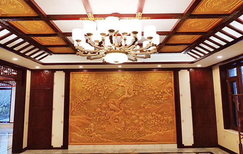 屏山中式别墅客厅中式木作横梁吊顶装饰展示